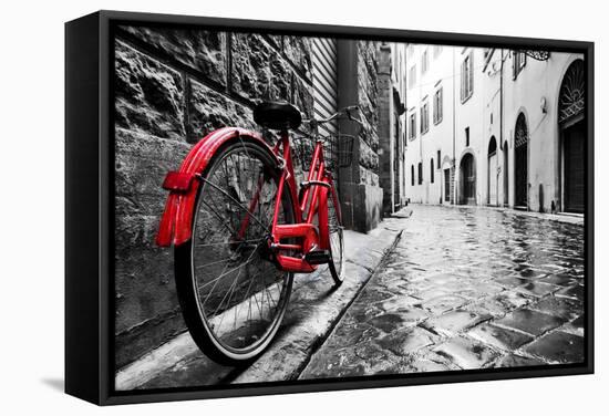 Retro Vintage Red Bike on Cobblestone Street in the Old Town. Color in Black and White. Old Charmin-Michal Bednarek-Framed Stretched Canvas
