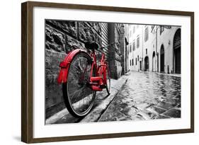 Retro Vintage Red Bike on Cobblestone Street in the Old Town. Color in Black and White. Old Charmin-Michal Bednarek-Framed Photographic Print