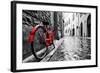 Retro Vintage Red Bike on Cobblestone Street in the Old Town. Color in Black and White. Old Charmin-Michal Bednarek-Framed Photographic Print