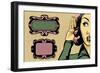 Retro Woman Listening to Gossip, Comics Style Illustration and Vintage Frames-lavitrei-Framed Premium Giclee Print