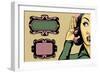 Retro Woman Listening to Gossip, Comics Style Illustration and Vintage Frames-lavitrei-Framed Premium Giclee Print