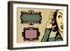Retro Woman Listening to Gossip, Comics Style Illustration and Vintage Frames-lavitrei-Framed Art Print