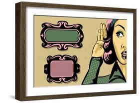 Retro Woman Listening to Gossip, Comics Style Illustration and Vintage Frames-lavitrei-Framed Art Print