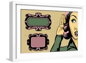 Retro Woman Listening to Gossip, Comics Style Illustration and Vintage Frames-lavitrei-Framed Art Print