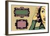 Retro Woman Listening to Gossip, Comics Style Illustration and Vintage Frames-lavitrei-Framed Art Print