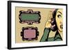 Retro Woman Listening to Gossip, Comics Style Illustration and Vintage Frames-lavitrei-Framed Art Print