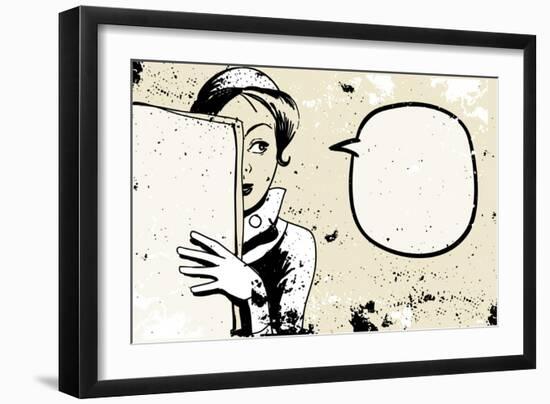 Retro Woman Peeking, Speech Bubble, Holding Blank Newspaper-lavitrei-Framed Art Print