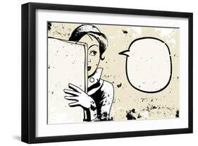 Retro Woman Peeking, Speech Bubble, Holding Blank Newspaper-lavitrei-Framed Art Print