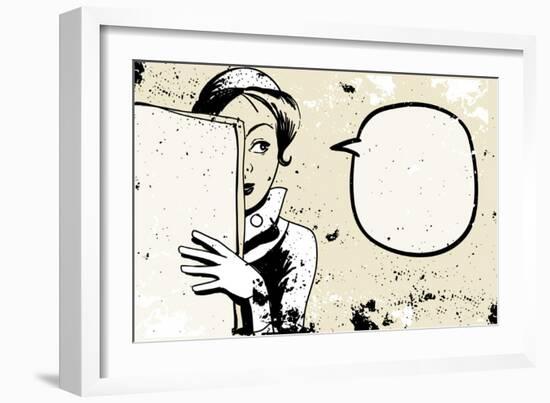 Retro Woman Peeking, Speech Bubble, Holding Blank Newspaper-lavitrei-Framed Art Print