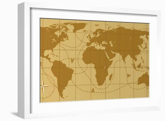 Retro World Map With Compass Rose-dmstudio-Framed Art Print