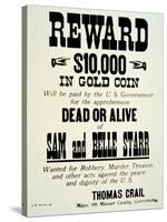 Reward Poster For Belle Starr, c.1882-null-Stretched Canvas