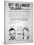 Reward Poster for John Dillinger, 1933-null-Stretched Canvas