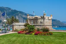 Green Grass with Flowers on Promenade and Medieval Fortress in Menton, France.-rglinsky-Photographic Print