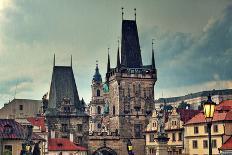 Old Medieval Tower and Sculptures on Famous Charles Bridge in Prague, Czech Republic.-rglinsky-Photographic Print