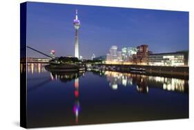 Rheinturm Tower and Gehry Buildings at Dusk, Media Harbour, Dusseldorf, North Rhine Westphalia-null-Stretched Canvas