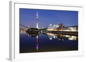 Rheinturm Tower and Gehry Buildings at Dusk, Media Harbour, Dusseldorf, North Rhine Westphalia-null-Framed Photographic Print