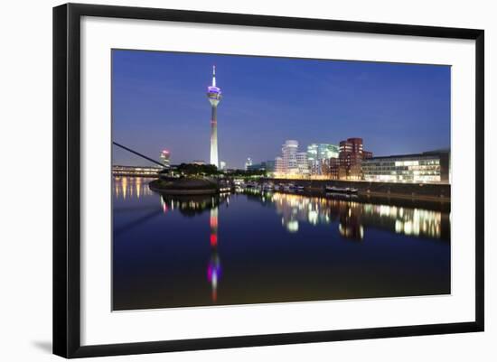 Rheinturm Tower and Gehry Buildings at Dusk, Media Harbour, Dusseldorf, North Rhine Westphalia-null-Framed Photographic Print