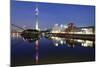 Rheinturm Tower and Gehry Buildings at Dusk, Media Harbour, Dusseldorf, North Rhine Westphalia-null-Mounted Photographic Print