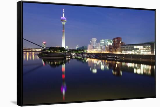 Rheinturm Tower and Gehry Buildings at Dusk, Media Harbour, Dusseldorf, North Rhine Westphalia-null-Framed Stretched Canvas