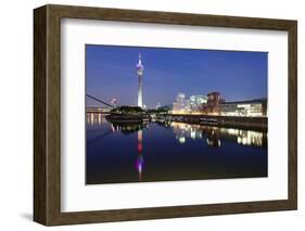 Rheinturm Tower and Gehry Buildings at Dusk, Media Harbour, Dusseldorf, North Rhine Westphalia-null-Framed Photographic Print