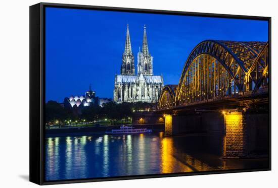 Rhine Bridge and Cathedral of Cologne Above the River Rhine at Night-Michael Runkel-Framed Stretched Canvas