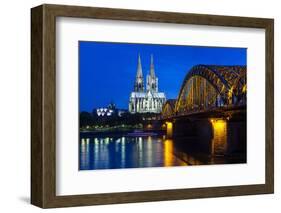 Rhine Bridge and Cathedral of Cologne Above the River Rhine at Night-Michael Runkel-Framed Photographic Print