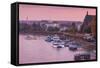 Rhine riverfront at dusk, Bonn, North Rhine-Westphalia, Germany-null-Framed Stretched Canvas