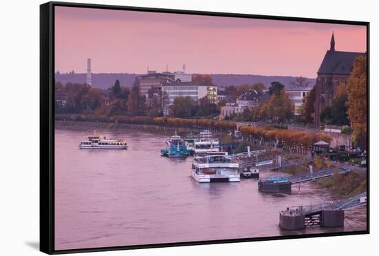 Rhine riverfront at dusk, Bonn, North Rhine-Westphalia, Germany-null-Framed Stretched Canvas