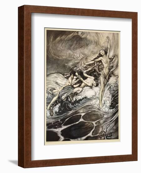 Rhinemaidens obtain possession of ring, illustration from 'Siegfried and the Twilight of Gods'-Arthur Rackham-Framed Giclee Print