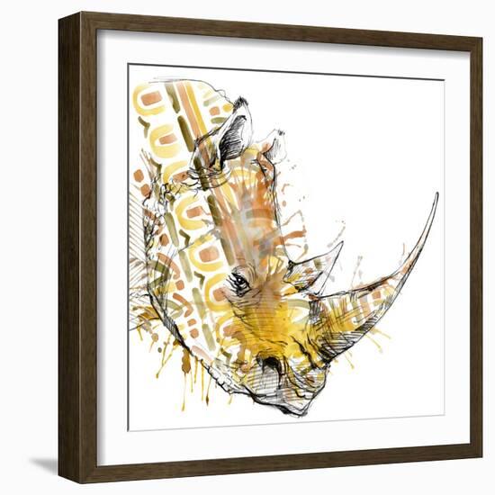 Rhinoceros Pencil Sketch with Ethnic Background Pattern. African Ornament. Folk Watercolor Backgrou-Faenkova Elena-Framed Art Print