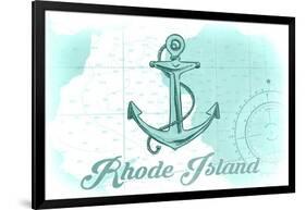 Rhode Island - Anchor - Teal - Coastal Icon-Lantern Press-Framed Art Print