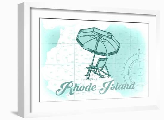 Rhode Island - Beach Chair and Umbrella - Teal - Coastal Icon-Lantern Press-Framed Art Print