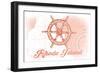 Rhode Island - Ship Wheel - Coral - Coastal Icon-Lantern Press-Framed Art Print