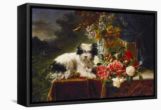 Rhododendrons in a Porcelain Vase with Roses and a Dog on a Draped Table in a Landscape-Adriana-johanna Haanen-Framed Stretched Canvas