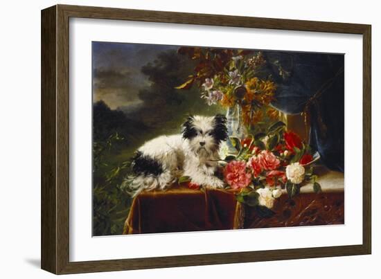 Rhododendrons in a Porcelain Vase with Roses and a Dog on a Draped Table in a Landscape-Adriana-johanna Haanen-Framed Giclee Print