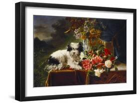 Rhododendrons in a Porcelain Vase with Roses and a Dog on a Draped Table in a Landscape-Adriana-johanna Haanen-Framed Giclee Print