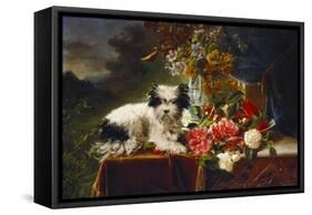 Rhododendrons in a Porcelain Vase with Roses and a Dog on a Draped Table in a Landscape-Adriana-johanna Haanen-Framed Stretched Canvas