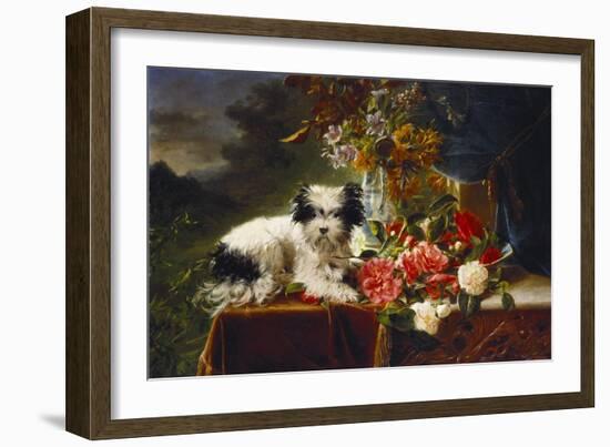 Rhododendrons in a Porcelain Vase with Roses and a Dog on a Draped Table in a Landscape-Adriana-johanna Haanen-Framed Giclee Print