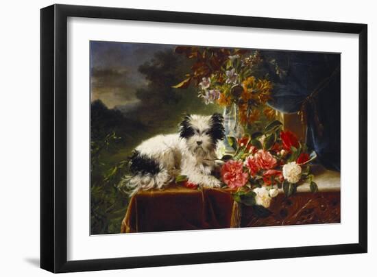 Rhododendrons in a Porcelain Vase with Roses and a Dog on a Draped Table in a Landscape-Adriana-johanna Haanen-Framed Giclee Print