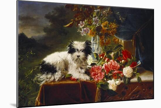 Rhododendrons in a Porcelain Vase with Roses and a Dog on a Draped Table in a Landscape-Adriana-johanna Haanen-Mounted Giclee Print
