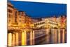 Rialto Bridge (Ponte di Rialto) at night with boat light trails on the Grand Canal, Venice, Veneto-Neale Clark-Mounted Photographic Print