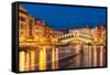 Rialto Bridge (Ponte di Rialto) at night with boat light trails on the Grand Canal, Venice, Veneto-Neale Clark-Framed Stretched Canvas