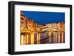 Rialto Bridge (Ponte di Rialto) at night with boat light trails on the Grand Canal, Venice, Veneto-Neale Clark-Framed Photographic Print