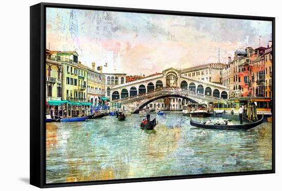 Rialto Bridge - Venetian Picture - Artwork In Painting Style-Maugli-l-Framed Stretched Canvas