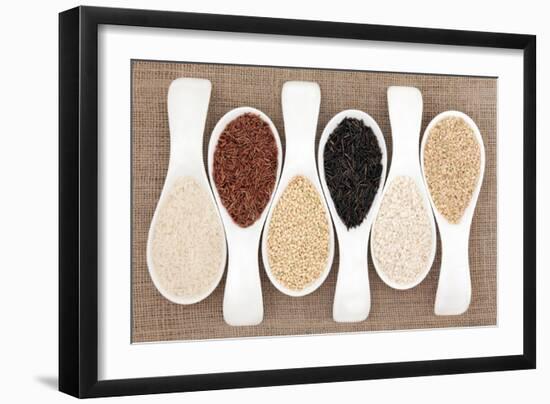 Rice Grain Selection In White Porcelain Scoops Over Hessian Background-marilyna-Framed Art Print