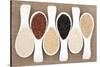 Rice Grain Selection In White Porcelain Scoops Over Hessian Background-marilyna-Stretched Canvas