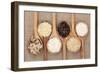 Rice Varieties In Olive Wood Spoons Over Hessian Background-marilyna-Framed Art Print