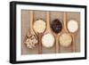 Rice Varieties In Olive Wood Spoons Over Hessian Background-marilyna-Framed Art Print