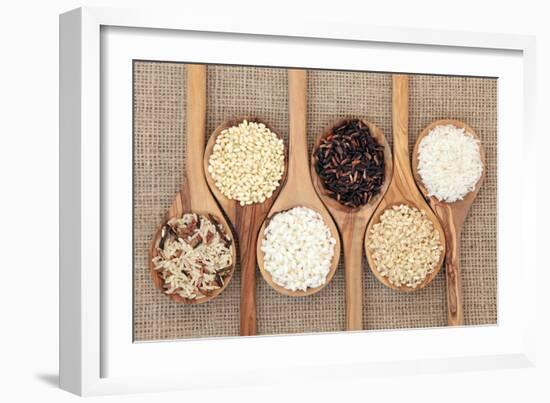 Rice Varieties In Olive Wood Spoons Over Hessian Background-marilyna-Framed Art Print