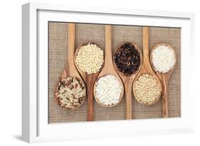 Rice Varieties In Olive Wood Spoons Over Hessian Background-marilyna-Framed Art Print